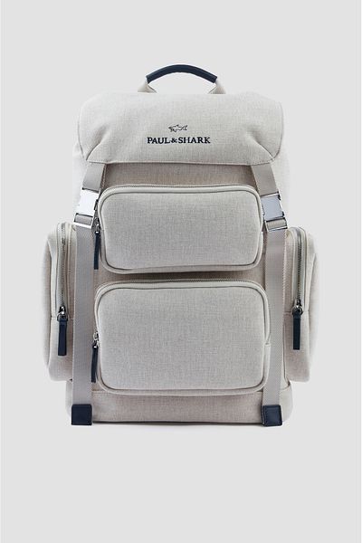PAUL&SHARK Leather Logo Embroidered Compact Canvas Beige Backpack for Men 25418102 -347