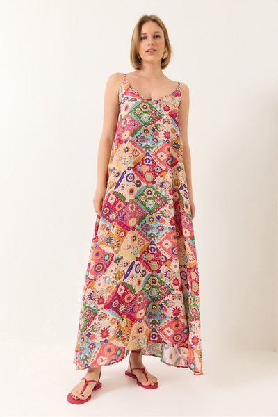 Bianco Lucci Women's V-Neck Thin Strap Print Lined Summer Long Dress 5991 60281030