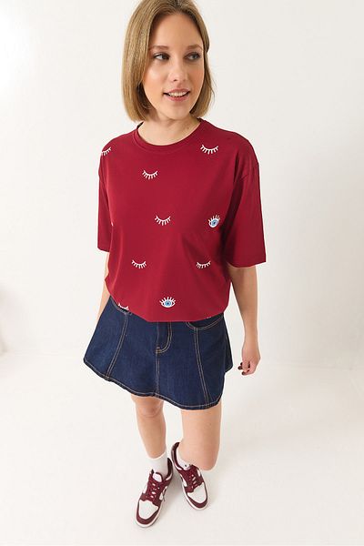 Bianco Lucci Tricou oversize din bumbac cu mânecă scurtă cu imprimeu ochi pentru femei 60283184