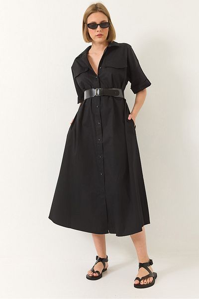 Bianco Lucci Women's Button Closure Pocket Detailed Belted Poplin Shirt Dress 60283191