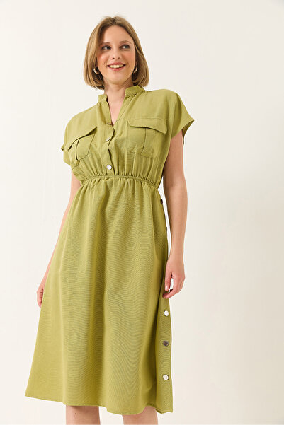 Bianco Lucci Women's Elastic Waist Snap Detailed Pocket Linen Dress 5921 60281033