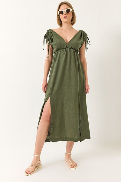 Bianco Lucci Women's V-Neck Elastic Waist Slit Binding Detailed Linen Textured Dress 437 60283175