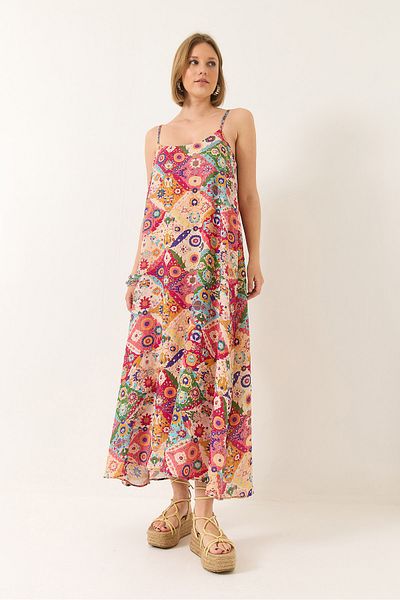 Bianco Lucci Women's Thin Strap Patterned Lined Summer Long Dress 5997 60281029