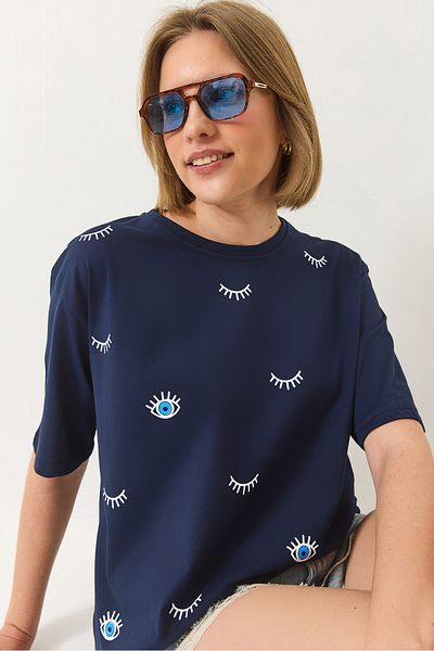 Bianco Lucci Damen-T-Shirt aus Baumwolle mit kurzen Ärmeln und Augenmuster in Übergröße 60283184