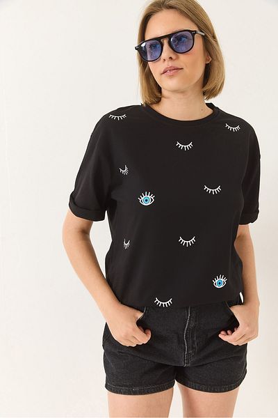 Bianco Lucci Dámské oversize bavlněné tričko s krátkým rukávem s potiskem očí 60283184
