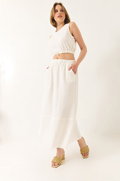 Bianco Lucci Women's Linen Tie Waist Blouse Pocket Detailed Skirt Bottom-Top Set 9292 60281023
