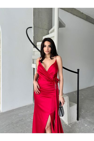 Serica Moda Red Thin Strap Slit Evening Dress with Flower Detail