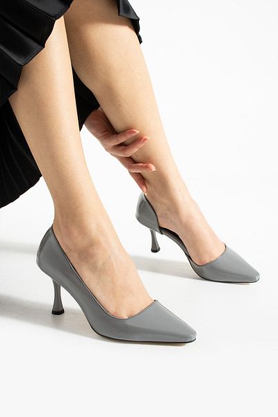 Güllü Shoes Gray Wrinkled Shiny Vegan Leather Square Toe 7 cm Heeled Women's Shoes |   Comfortable, Stylish, Special Occasion Style