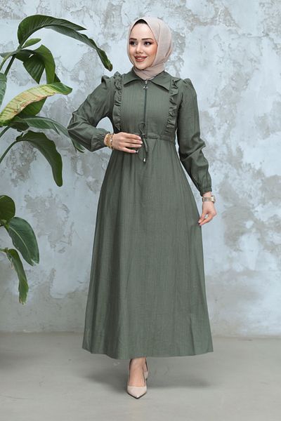 Neva Style Zippered Khaki Hijab Dress 17021Hk
