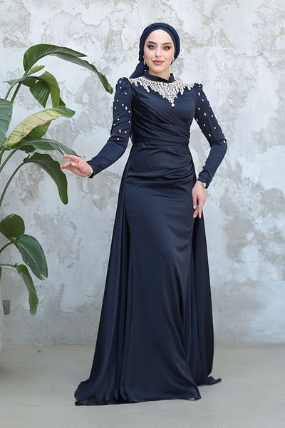 Neva Style Tailed Navy Blue Hijab Satin Evening Dress 51312L
