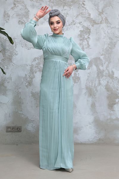 Neva Style Drape Detailed Mint Hijab Evening Dress 50921Mint