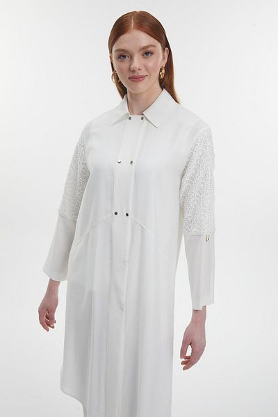Zühre Shirt Collar Lace Detailed Long Ecru Tunic