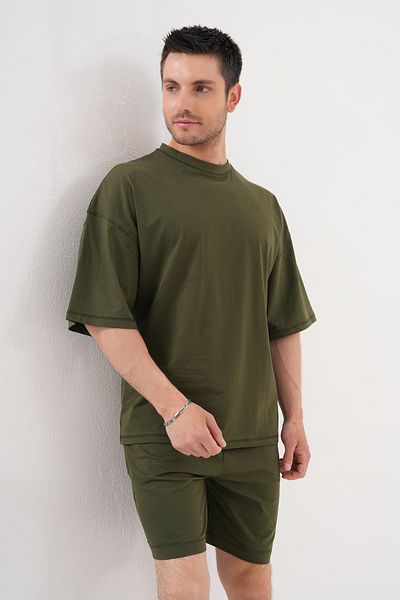 ACTIVE MODA - Men's Khaki Short Sleeve Tshirt - Shorts Set of 2 Large Size Oversized Cotton