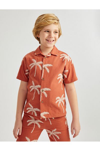 Koton Short Sleeve Cotton Shirt with Palm Embroidery Detail