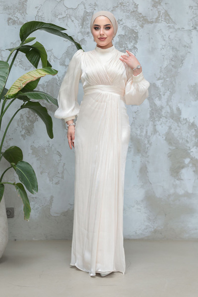 Neva Style Drape Detaylı Ekru Tesettür Abiye Elbise 50921E