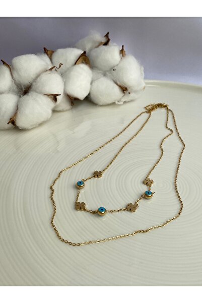 Alice Bijuteri Nazar Boncuklu Gold Yonca Kolye