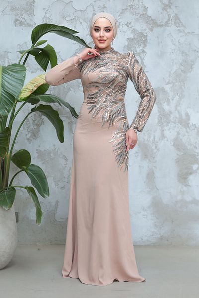 Neva Style Bead Embroidered Mink Hijab Evening Dress 51012V