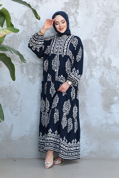 Neva Style Floral Patterned Navy Blue Hijab Dress 18242L