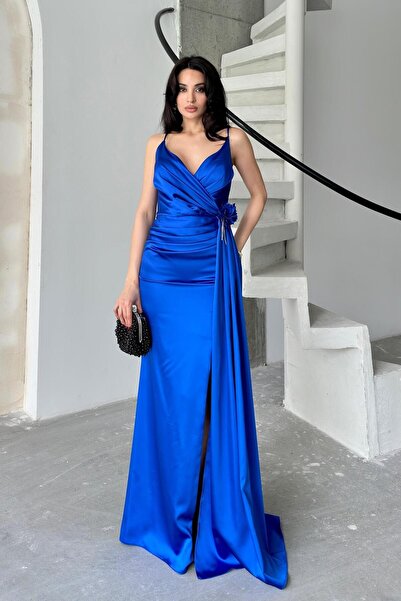 Serica Moda Вечерна рокля Saxe Blue с тънки презрамки и цепка от цвете