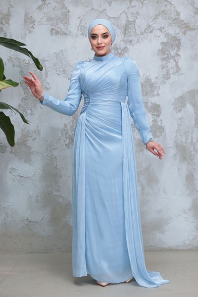 Neva Style Rochie de seară hijab albastru baby cu detaliu drapat 51481BM