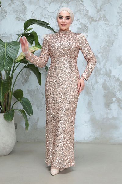 Neva Style Gold Hijab Evening Dress - Sequin Bead Embroidered 4762Gold