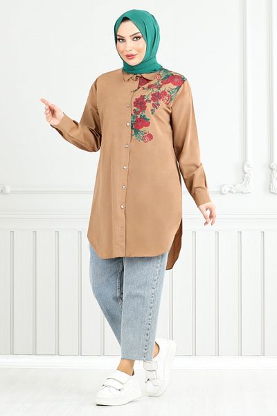 ModaMerve Floral Printed Tunic 405Evo1065-M Brown