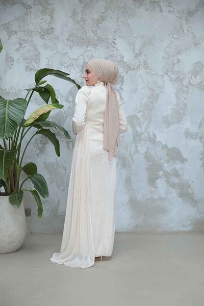 Neva Style Hijab Evening Dress - Ecru Hijab Evening Dress with Drape Detail 51481E