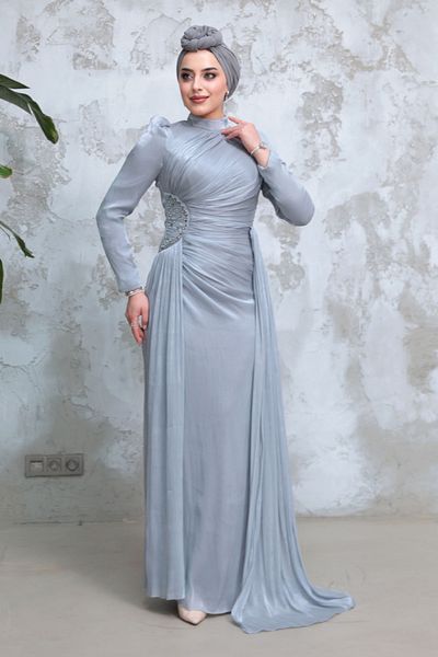Neva Style Drape Detailed Gray Hijab Evening Dress 51481Gr