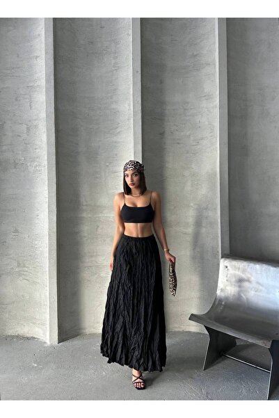 İLKCET MODA Black Maxi Length Women's Skirt with Krash
