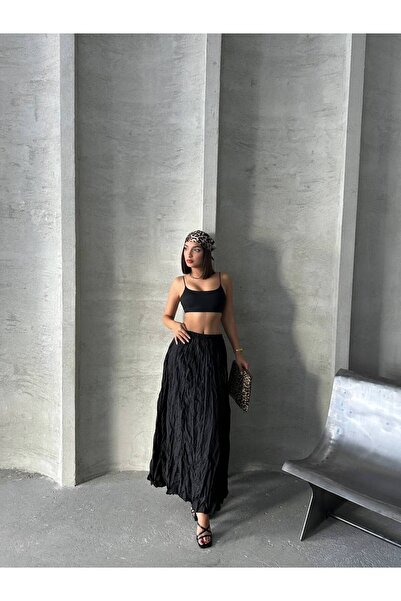 İLKCET MODA Black Maxi Length Women's Skirt with Krash