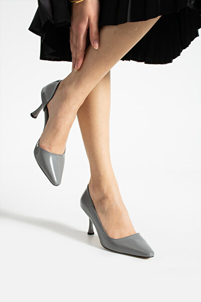 Güllü Shoes Gray Wrinkled Shiny Vegan Leather Square Toe 7 cm Heeled Women's Shoes |   Comfortable, Stylish, Special Occasion Style