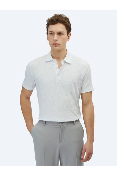 Kip White Patterned Polo Neck 100% Cotton T-Shirt