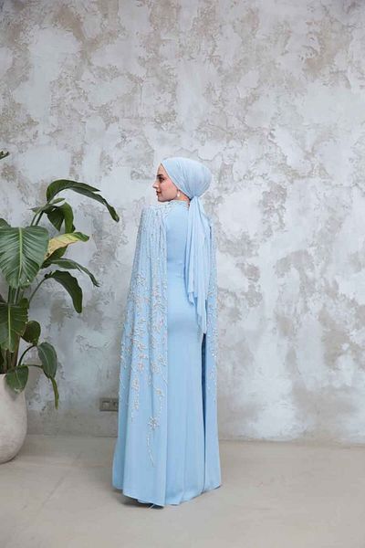 Neva Style Baby Blue Hijab Evening Dress with Sleeves Cape 51681Bm