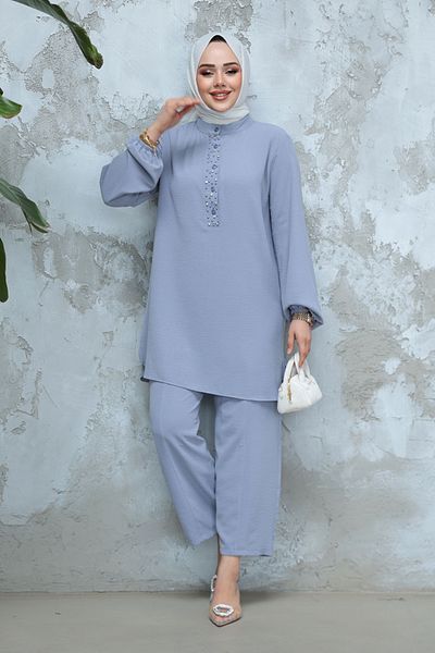 Neva Style طقم حجاب رمادي مزدوج بتفاصيل لؤلؤية 12802GR