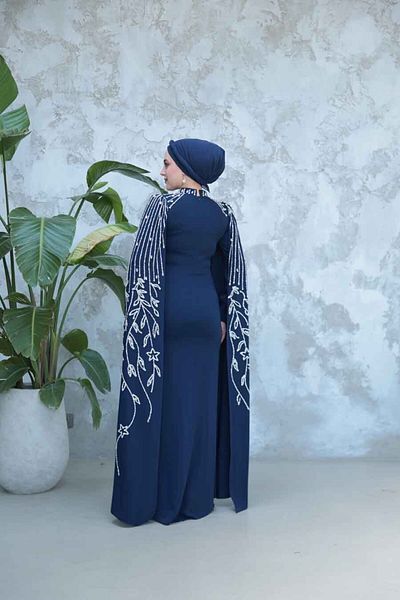 Neva Style Navy Blue Hijab Evening Dress with Cape Sleeves 51681L