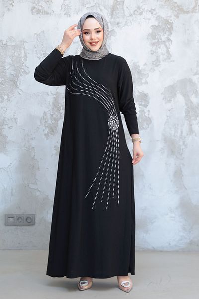Neva Style Rochie neagră cu mărgele Hijab 9345S