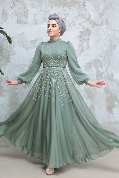 Neva Style Hijab Evening Dress - Beaded Green Hijab Evening Dress 4953Cy