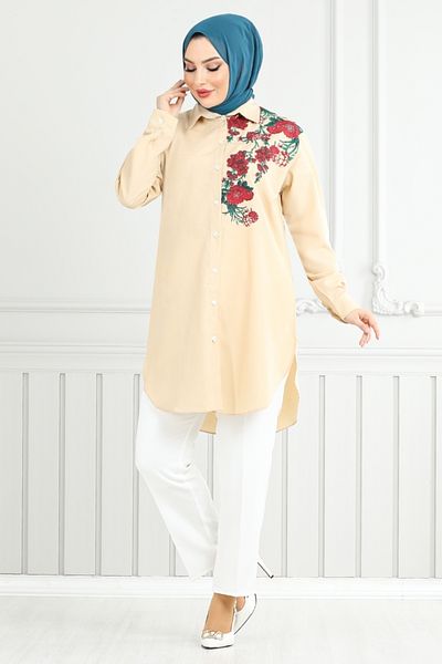 ModaMerve Floral Printed Tunic 405Evo1065-M Beige