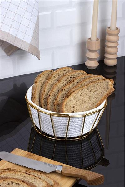 Okyanus Home White-Gold Detailed Wicker Knitted Stylish Bread Bowl