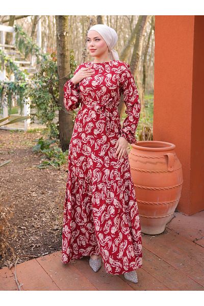 SAHRA BUTİK Viscose Dress with Frill Hem - Burgundy - Sahra Butik
