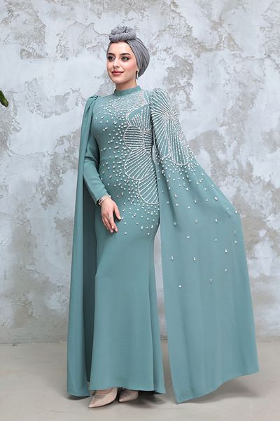 Neva Style Cagla Green Hijab Evening Dress with Cape Sleeves 51671Cy