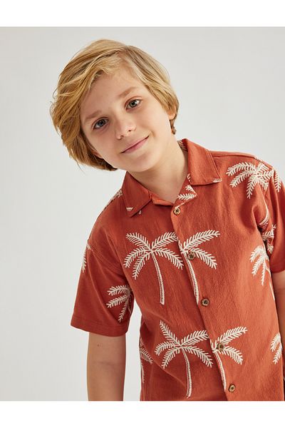 Koton Short Sleeve Cotton Shirt with Palm Embroidery Detail