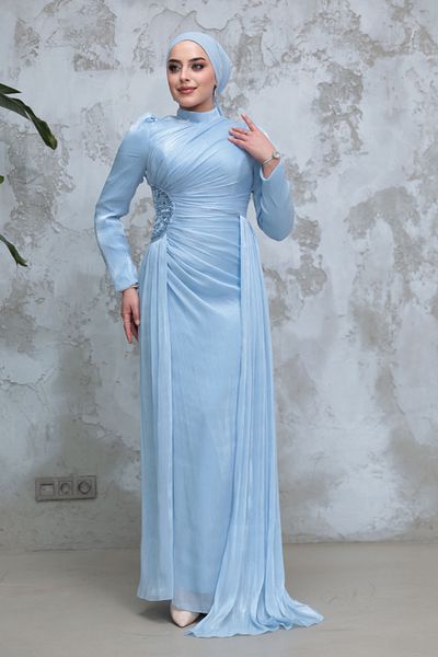 Neva Style Rochie de seară hijab albastru baby cu detaliu drapat 51481BM