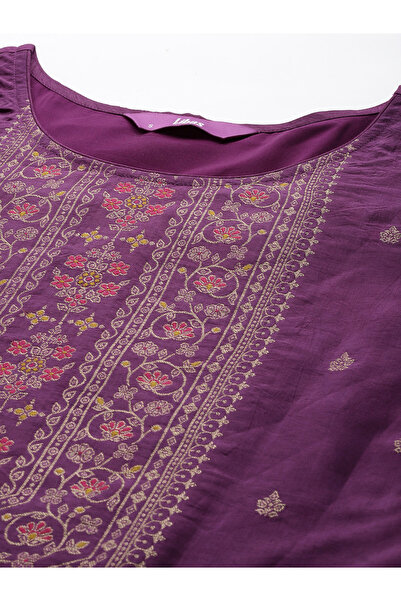 Libas By Styli Silk Embroidered Kurta with Solid Trousers and Printed Organza Dupatta Set