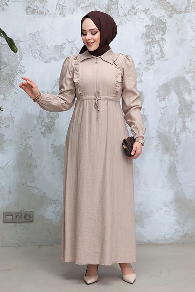 Neva Style Zippered Beige Hijab Dress 17021Bej