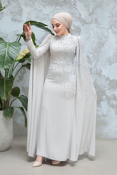 Neva Style Hijab Evening Dress - Beige Hijab Evening Dress with Cape Sleeves 51671Beige