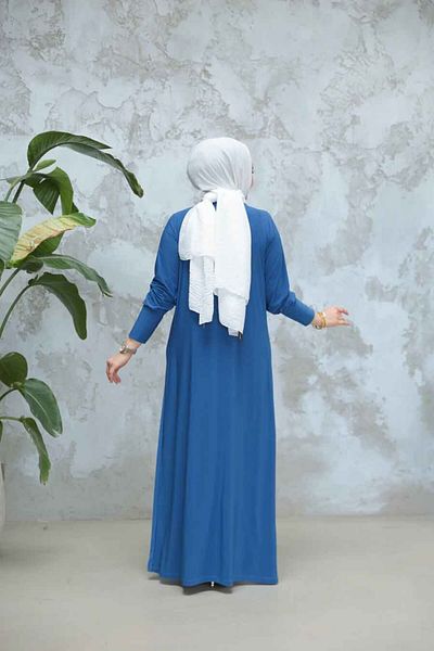 Neva Style Indigo Blue Bead Embroidered Hijab Dress 9345Im
