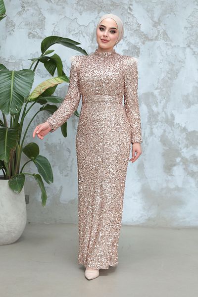 Neva Style Gold Hijab Evening Dress - Sequin Bead Embroidered 4762Gold