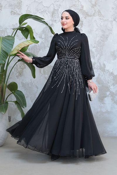 Neva Style Beaded Black Hijab Evening Dress 4953S