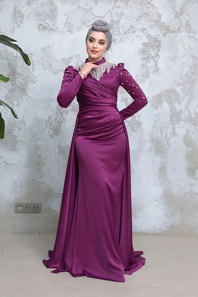 Neva Style Bead Embroidered Plum Hijab Satin Evening Dress 51312Mu